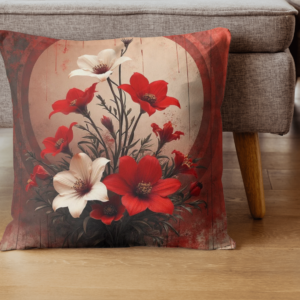 coussin fleurs rouges et blanches au design vintage romantique