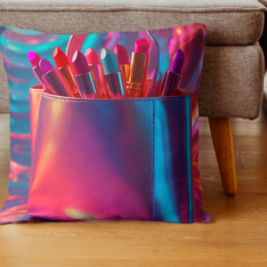coussin sac holographique avec rouges à lèvres